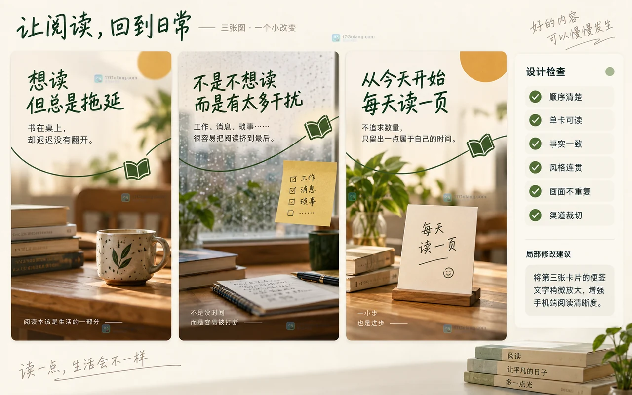 Lovart 三张连贯图文卡片审核结果示意图