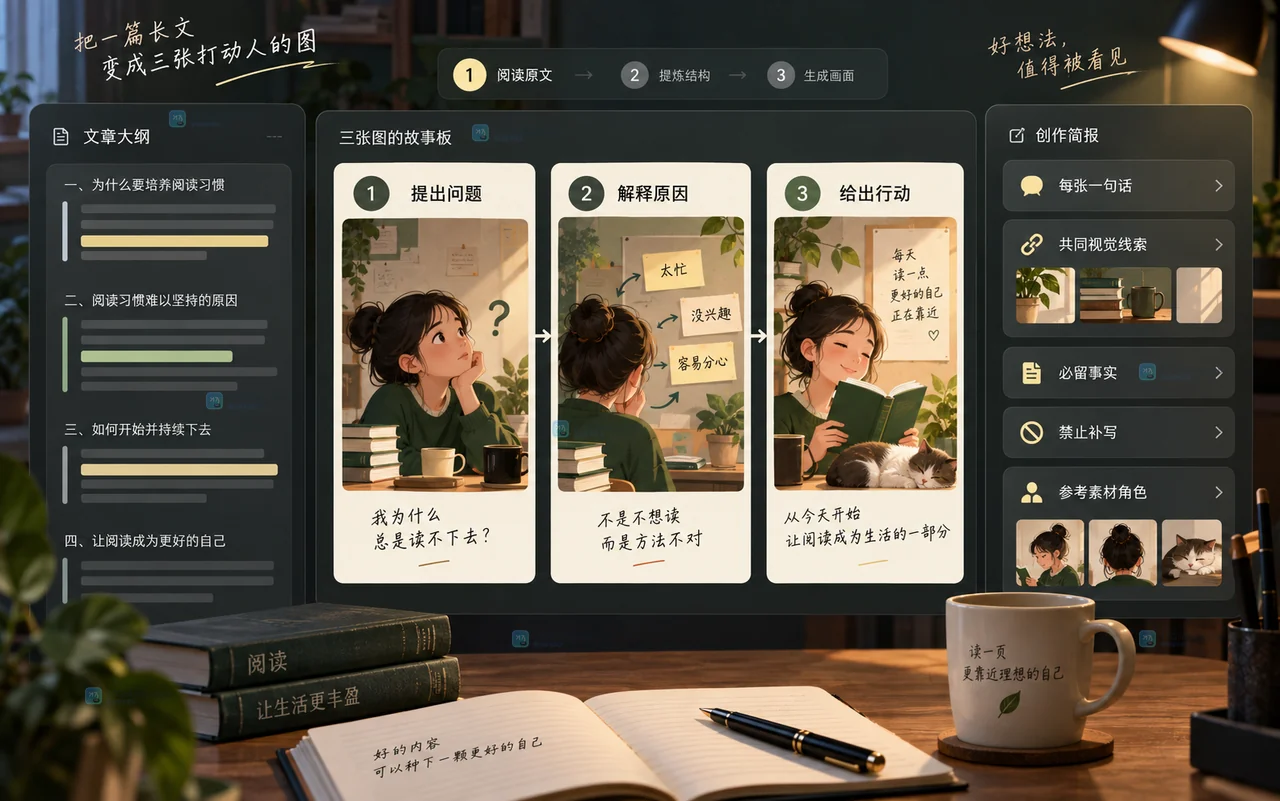 Lovart 长文拆分为三张图文卡片的故事板操作示意图