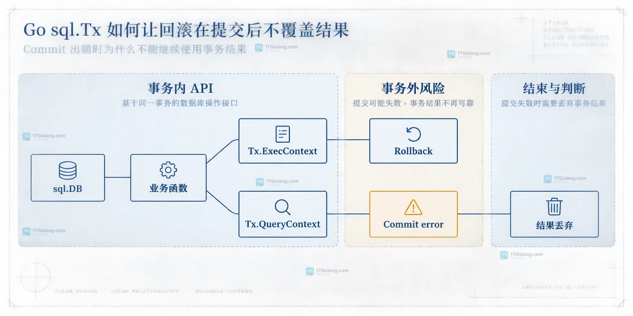 Go database/sql 事务错误边界示意图，区分 Tx 方法、sql.DB 事务外调用和 Commit error