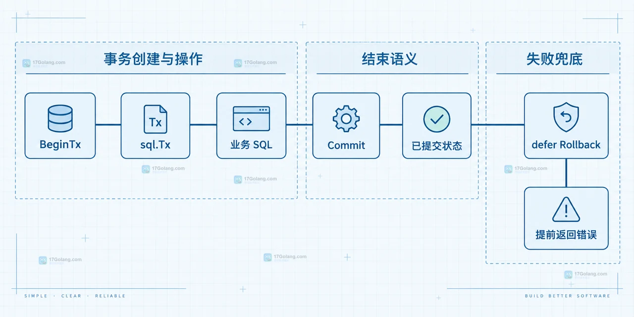 Go sql.Tx 事务边界示意图，展示 BeginTx、业务 SQL、Commit 与 defer Rollback 的静态关系