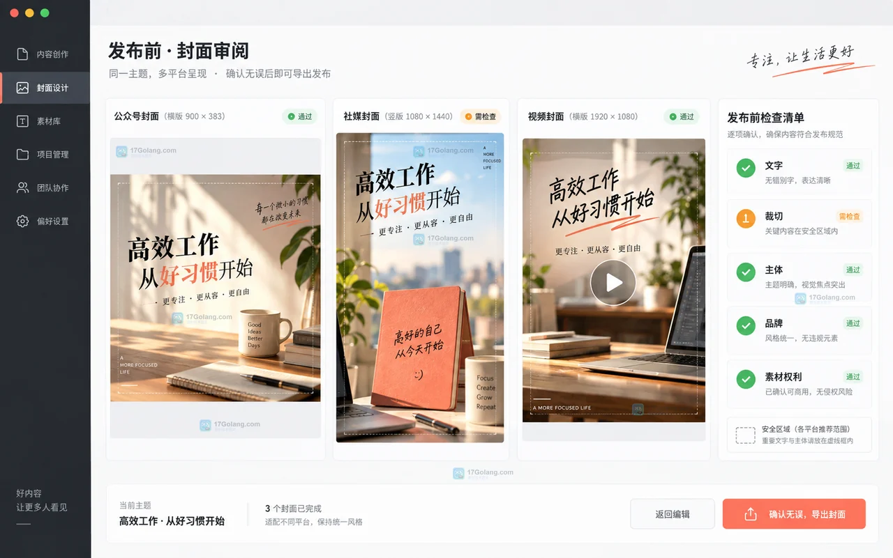 Lovart 从视觉母版扩展为三类自媒体渠道封面的操作示意图