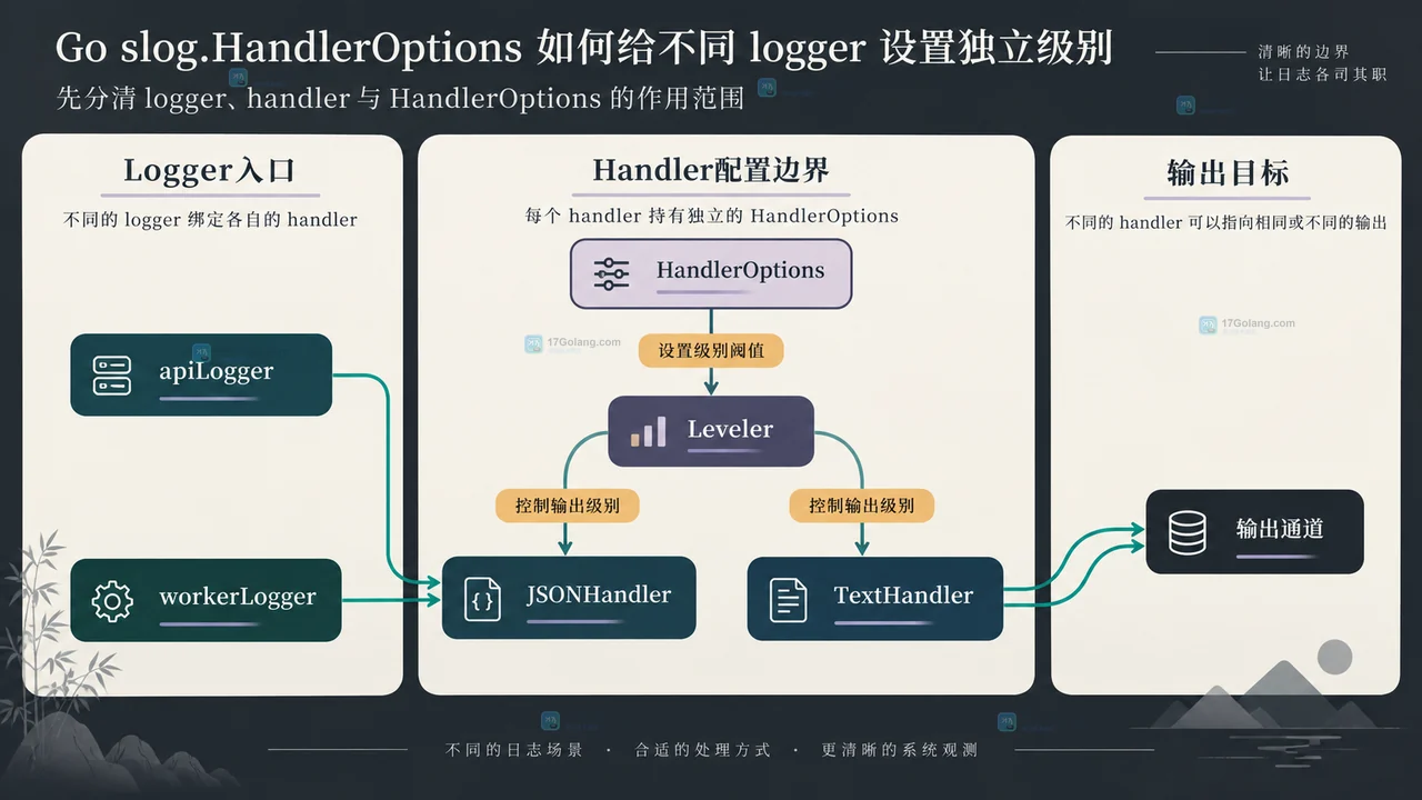 Go slog Logger、独立 HandlerOptions 和两个日志输出通道的静态关系图