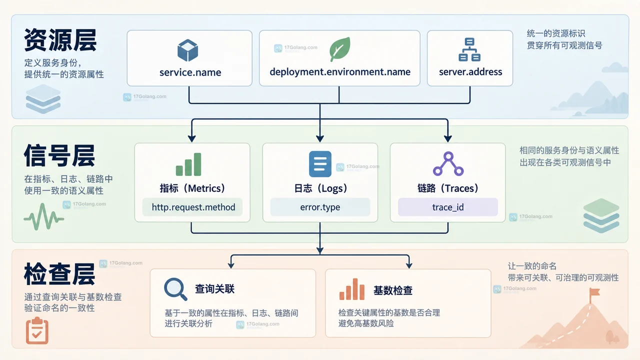 OpenTelemetry CNCF graduated、Semantic Conventions 与 traces metrics logs resources 的关系示意图