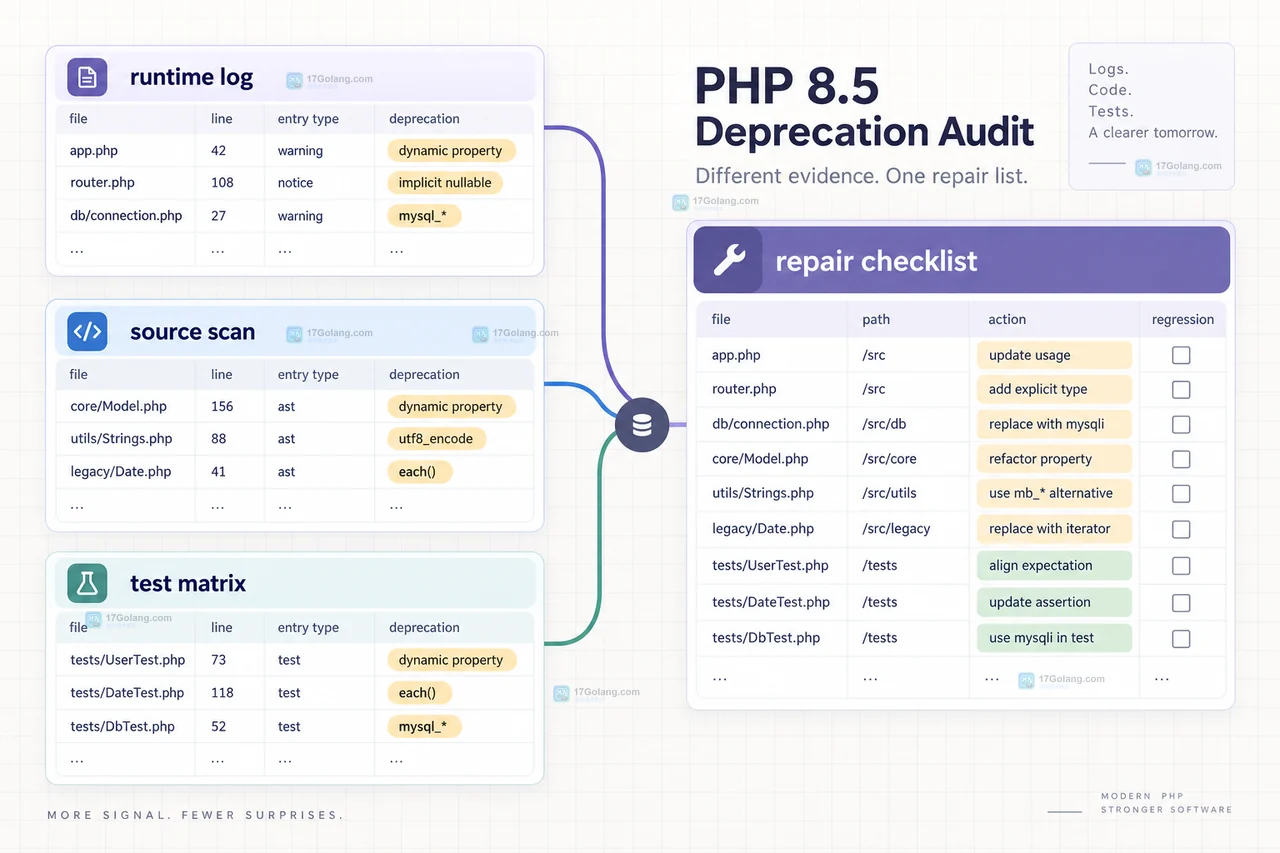 PHP 项目把运行时弃用日志与静态扫描结果合并成升级清单的关系示意图
