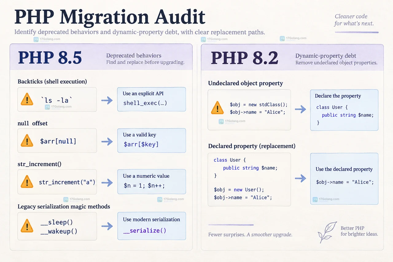 PHP 8.5 弃用项与 PHP 8.2 动态属性债务的静态关系示意图