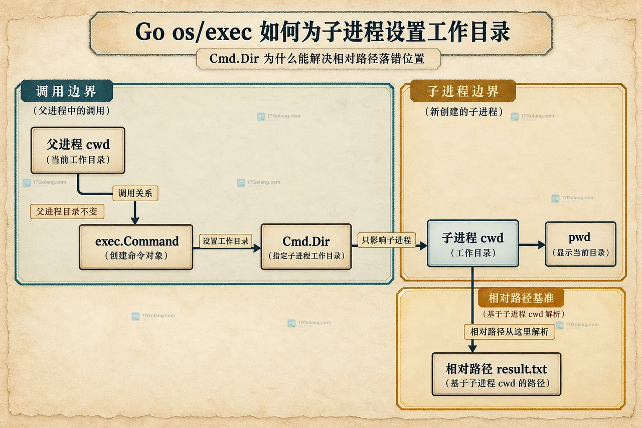 Go os exec 中 Cmd.Dir 将父进程调用边界连接到子进程工作目录并影响相对路径文件