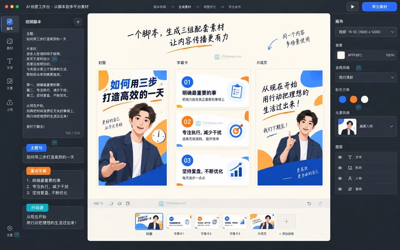 Lovart 将口播脚本拆成封面字幕卡和片尾页的操作示意图