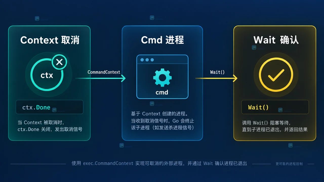 Go exec.CommandContext 根据 Wait 错误、Context 原因和退出码分类处理结果的示意图