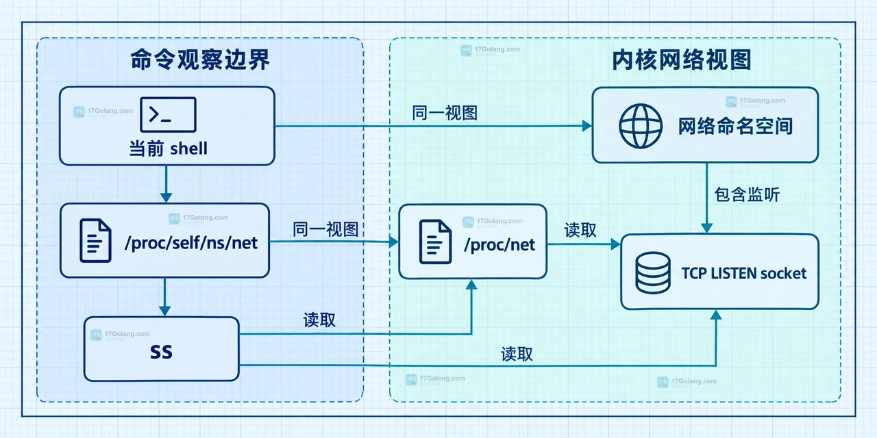 Linux ss 当前网络命名空间与监听 socket 视图的静态关系示意