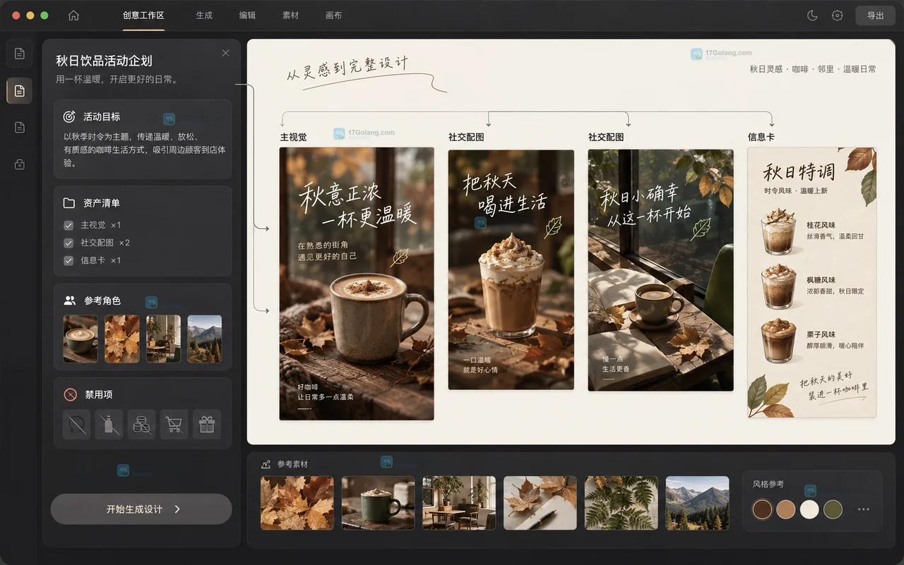 Lovart AI 设计 Agent 从活动简报生成整组候选的操作示意图