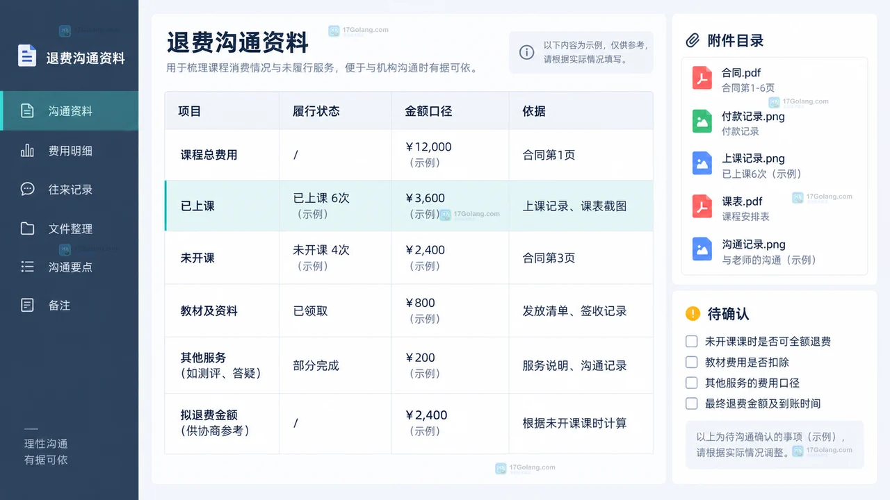 培训退费书面沟通表单示意，展示项目履行状态金额口径依据和附件目录