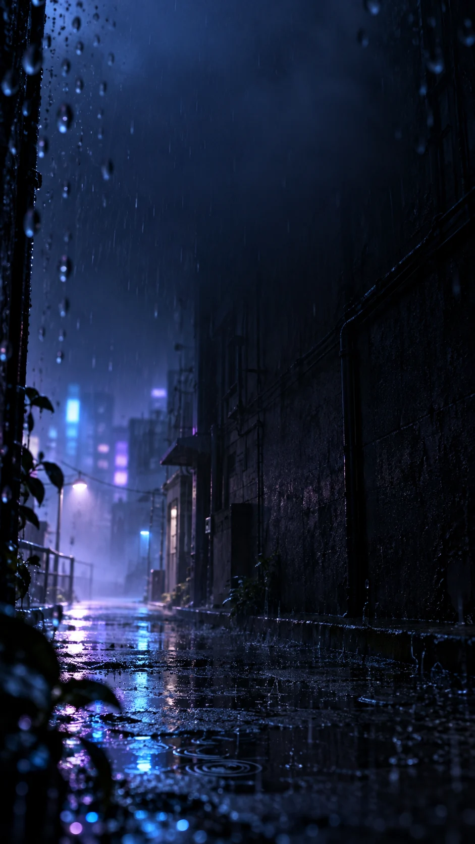 蓝紫霓虹雨巷手机锁屏主壁纸，主体位于中下部，顶部保留暗色雨雾留白