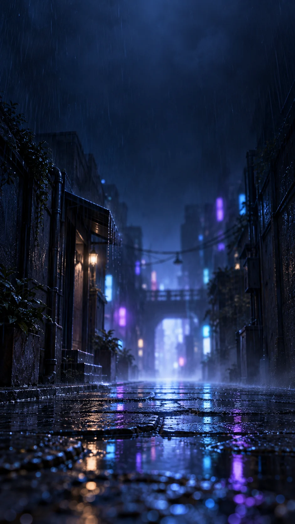 蓝紫霓虹雨巷手机锁屏变体，巷口偏左下，右侧暗墙与顶部雾层形成更大留白