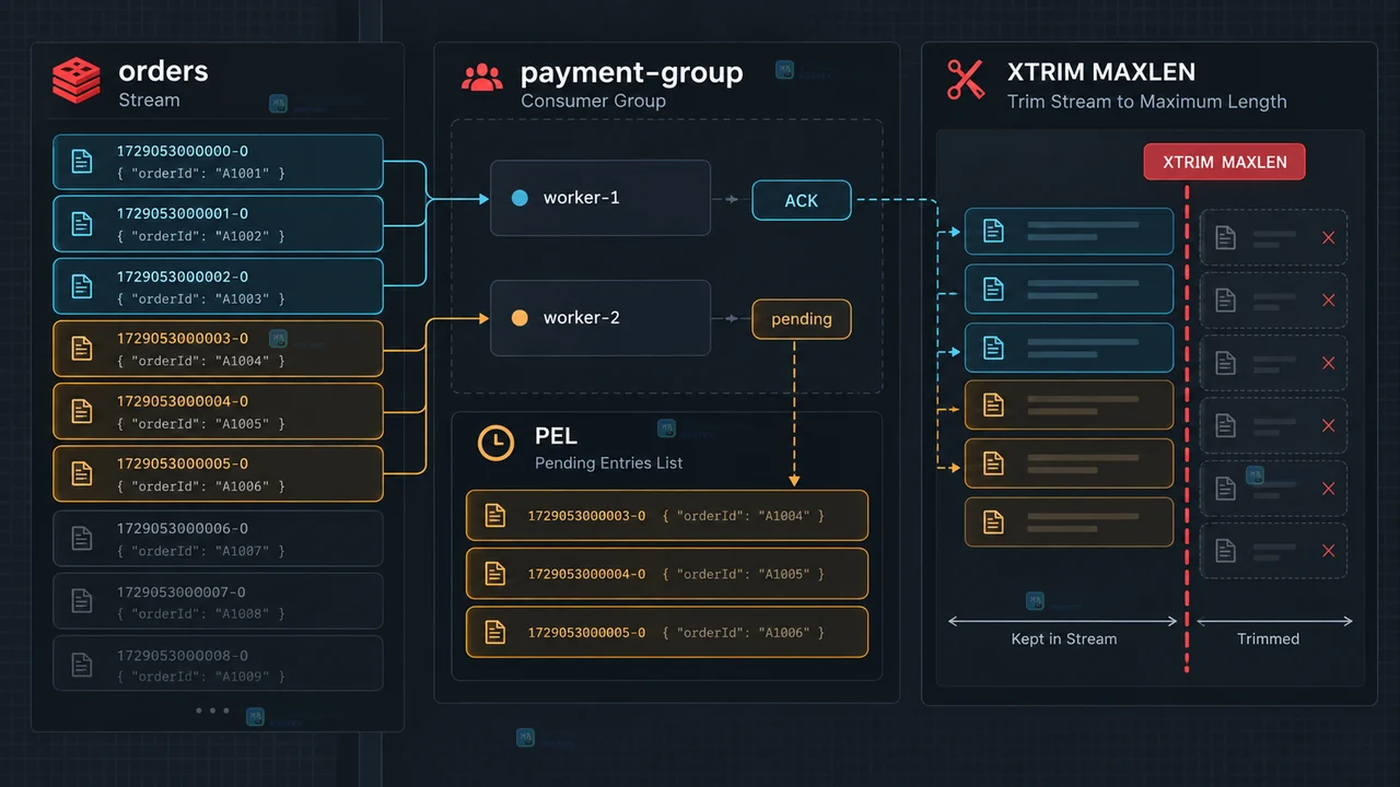 Redis Stream XTRIM 结果示意：ACKED、KEEPREF、DELREF 对消息和 PEL 引用的不同影响