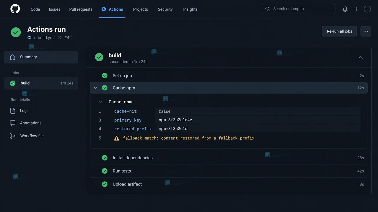 GitHub Actions 运行详情中的缓存步骤结果示意，展示精确命中状态、恢复键和保存判断