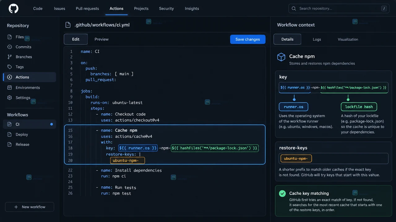 GitHub Actions 工作流编辑器中展示包含 runner.os 和 lockfile 哈希的缓存 key 以及窄范围 restore-keys