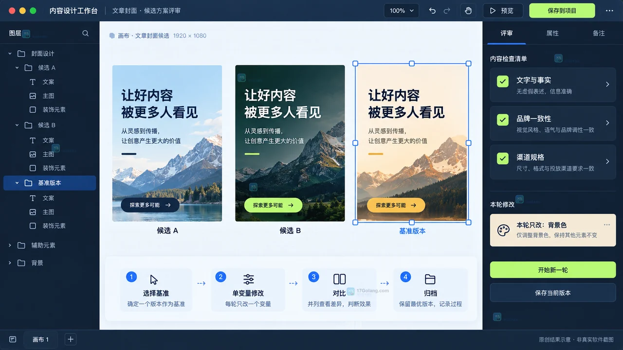 Lovart Canvas候选评审与单变量修改流程示意图