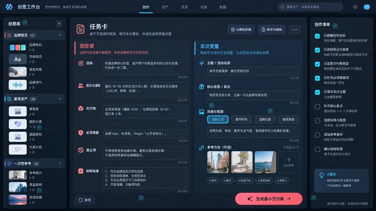LovartAI设计任务卡与复用素材准备操作示意图