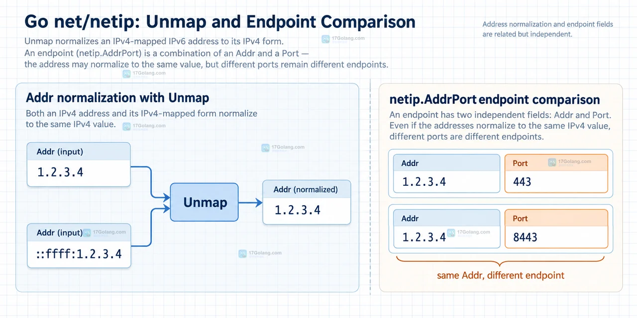 Go netip Addr 的 IPv4、IPv4-mapped IPv6 与普通 IPv6 类型关系示意