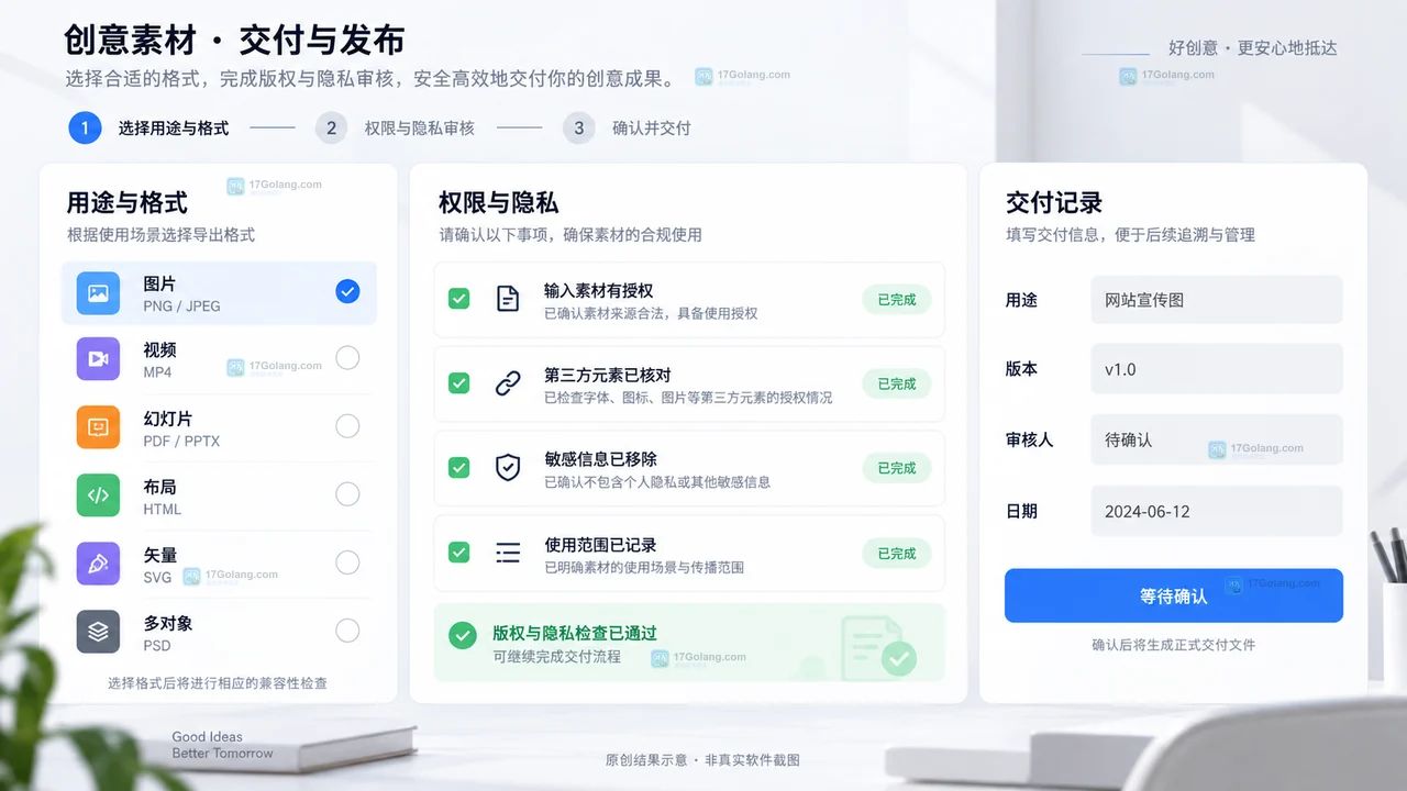 LovartAI格式与素材权限交付检查界面示意图