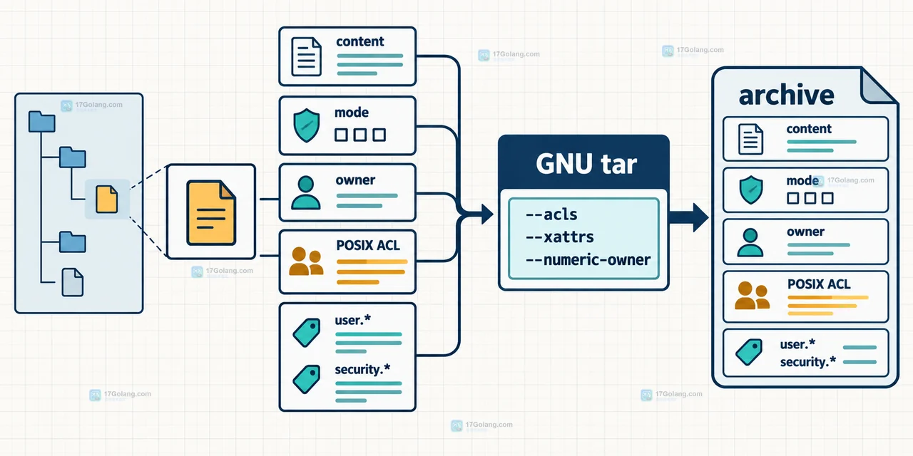 Linux GNU tar 归档结构示意图，展示 --acls 保存 POSIX ACL、--xattrs 保存 user 和 security 命名空间扩展属性