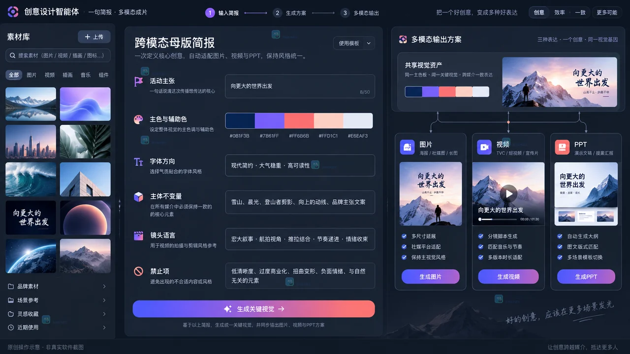 Lovart图片视频PPT跨模态母版简报操作示意图