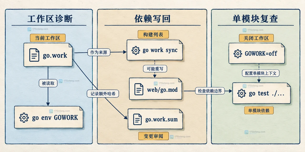 Go go.work 将 web 模块、shared 模块及各自 go.mod 组织到本地工作区的模块关系示意图