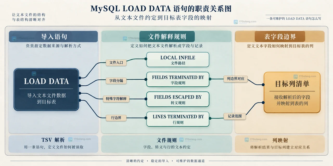 MySQL LOAD DATA 制表符文件中字段分隔符、反斜杠转义、空值标记和行结束符的静态关系框图