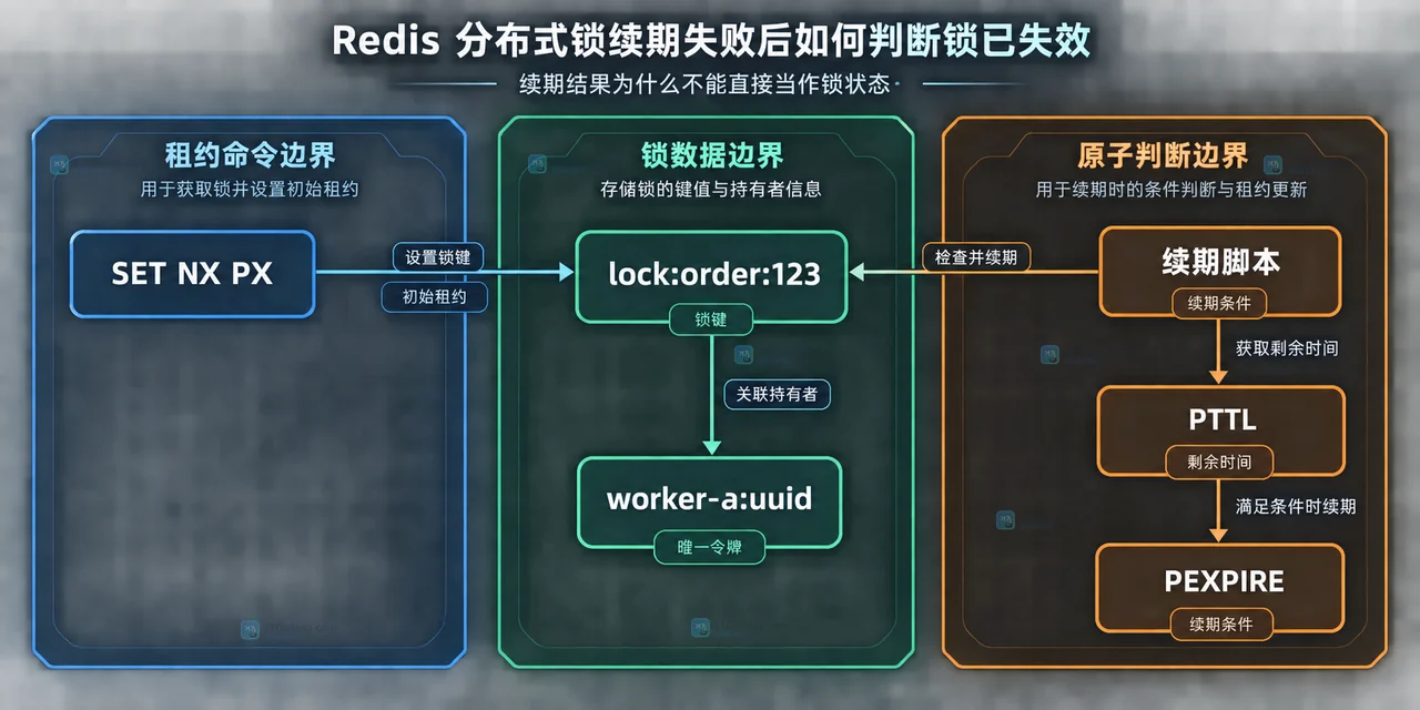 Redis 续期返回值、PTTL 状态与继续或停止临界区之间的静态关系示意图