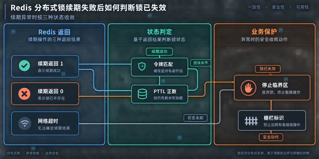 Redis 分布式锁中锁键、唯一令牌、SET NX PX 与续期脚本的静态关系示意图