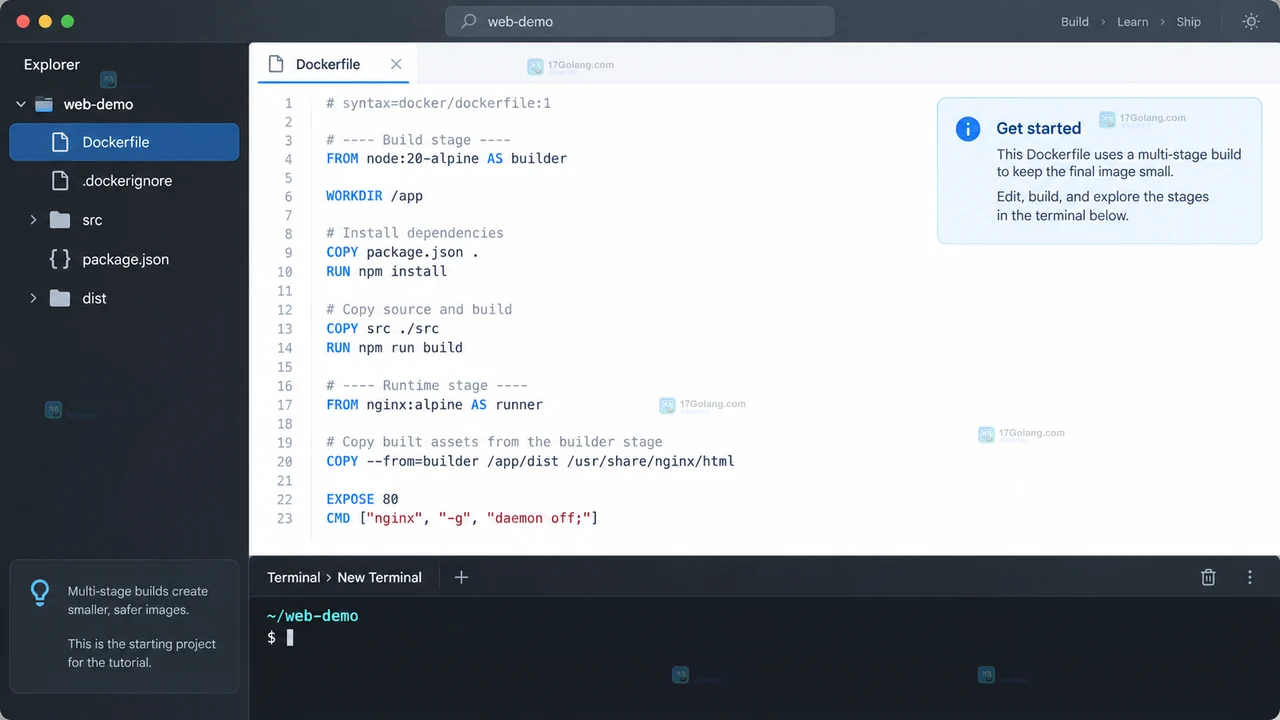 Docker Desktop Images 和 Containers 面板显示 web-demo runtime 镜像运行成功的结果示意图