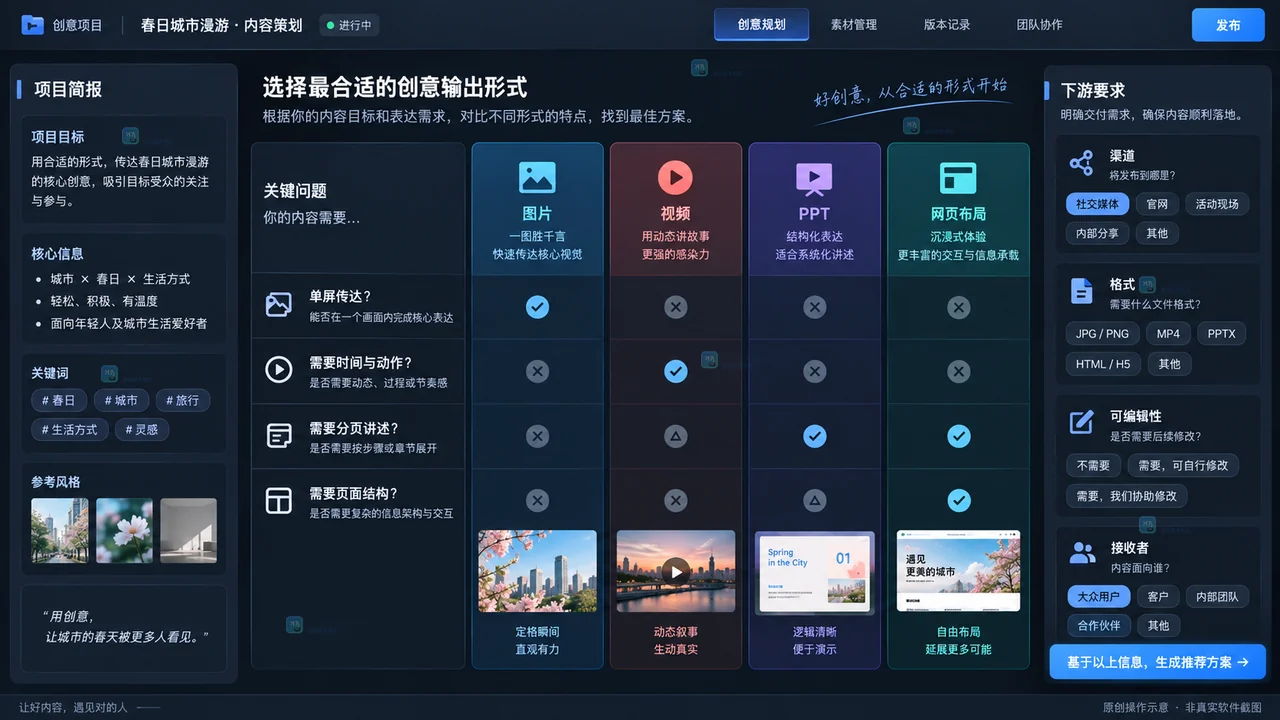 Lovart图片视频PPT网页输出类型选择矩阵示意图