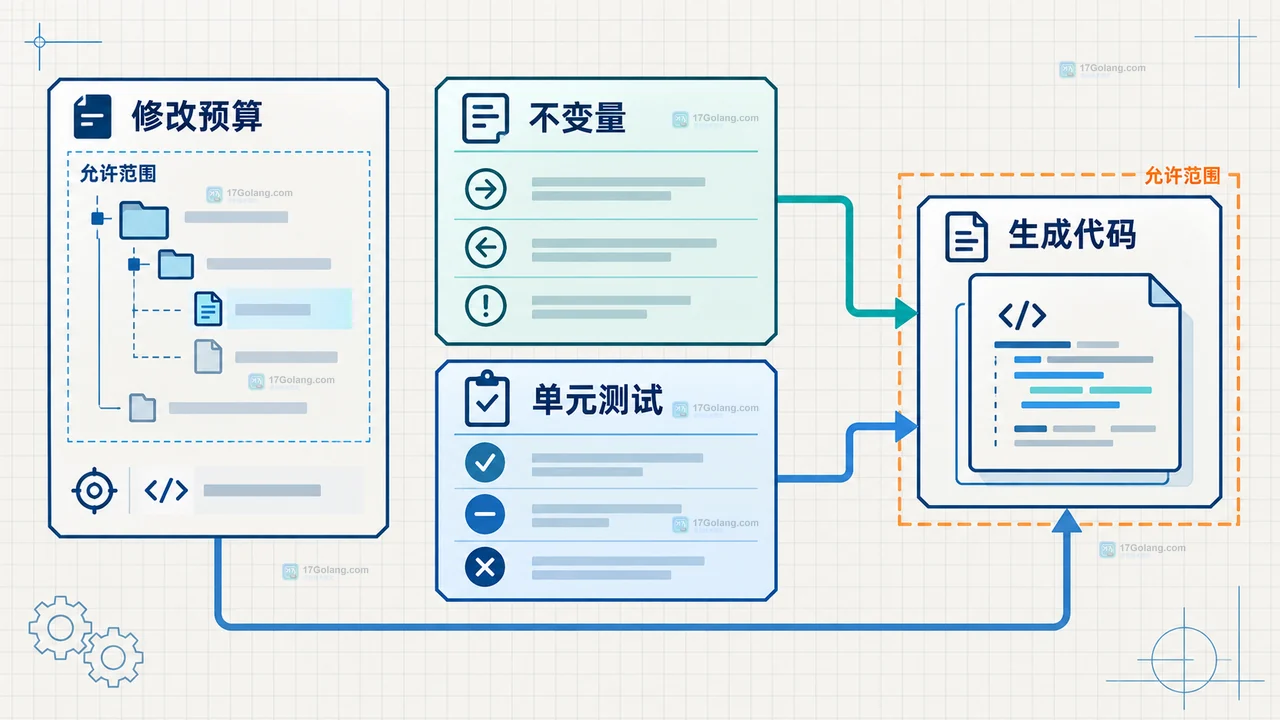 AI 生成代码通过定向测试、完整回归和 git diff 双重门禁的关系示意图