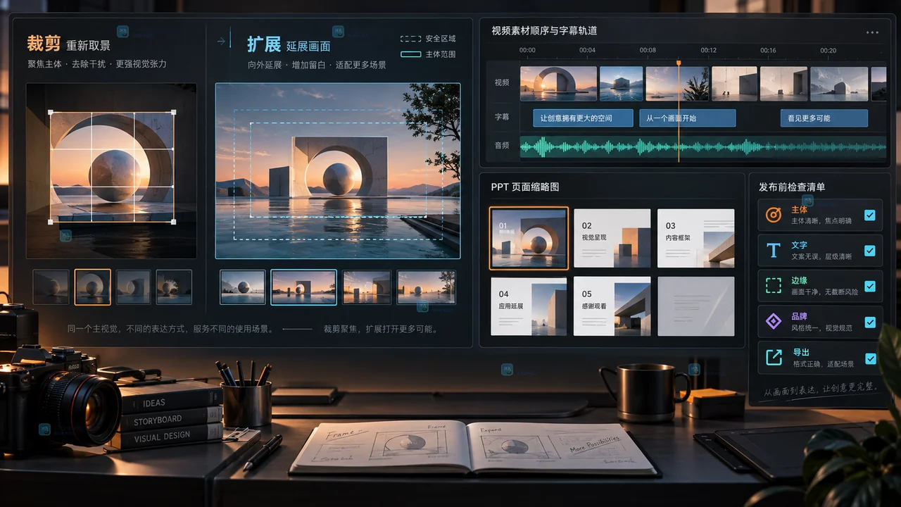 Lovart裁剪扩展与视频PPT交接检查示意图