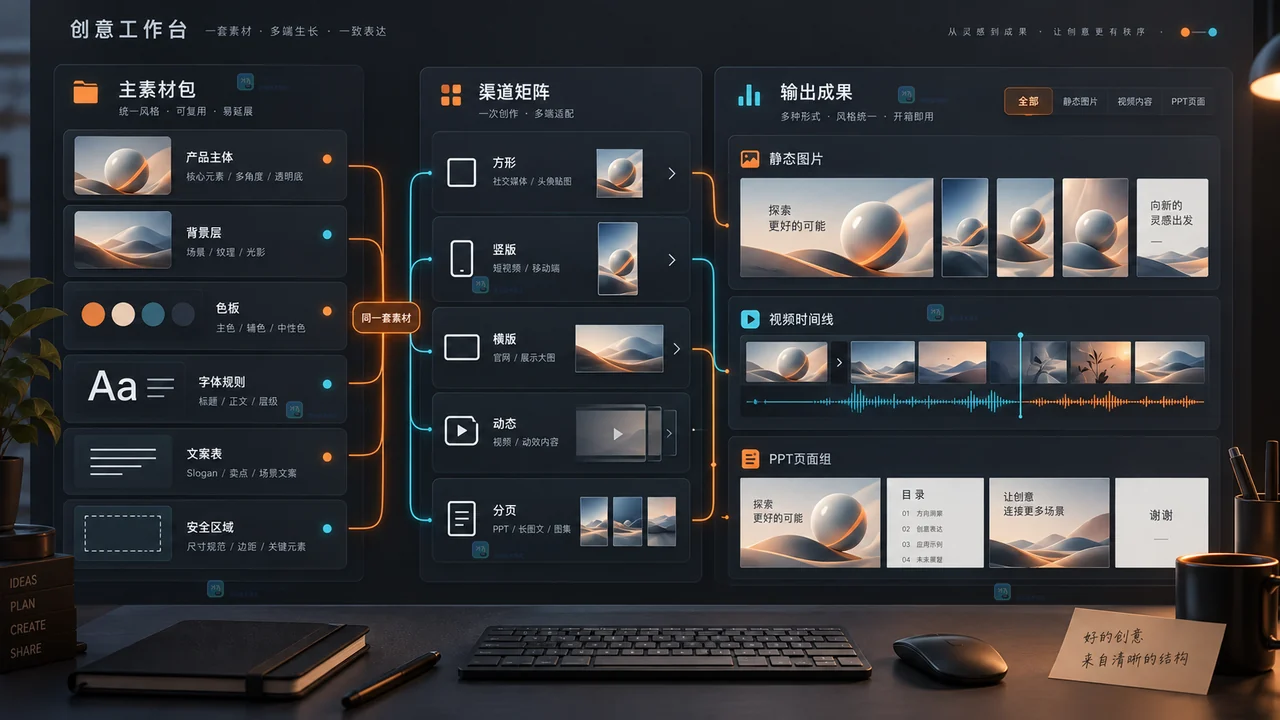 Lovart主素材包到图片视频PPT多规格变体矩阵示意图