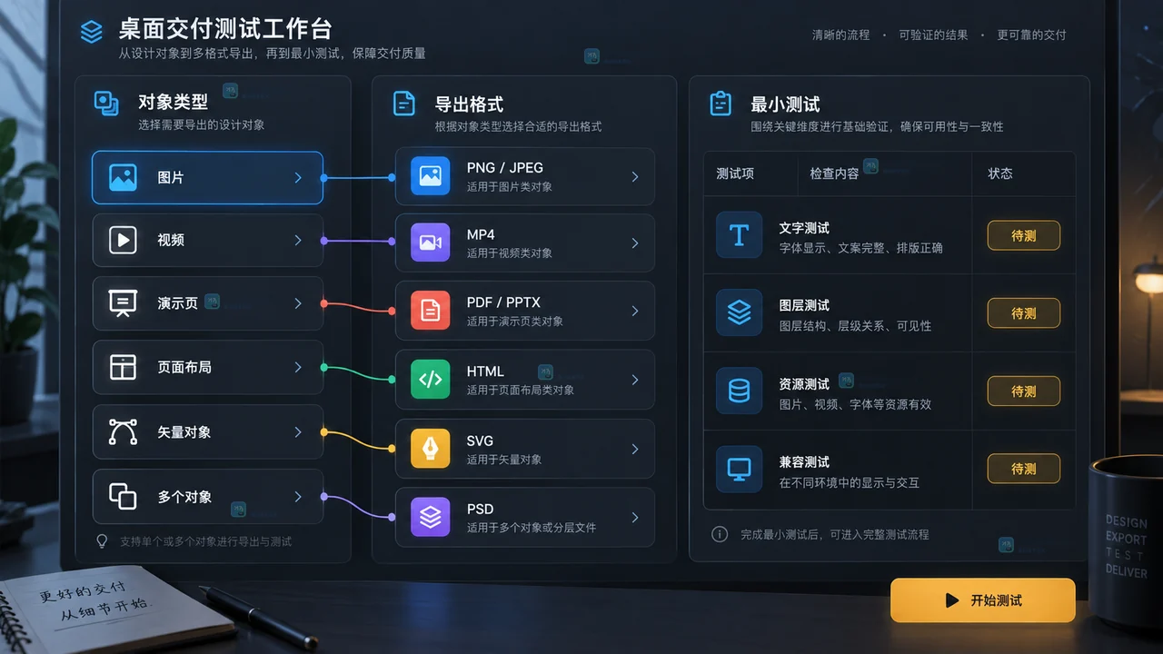 Lovart不同选中对象与导出格式测试矩阵示意图