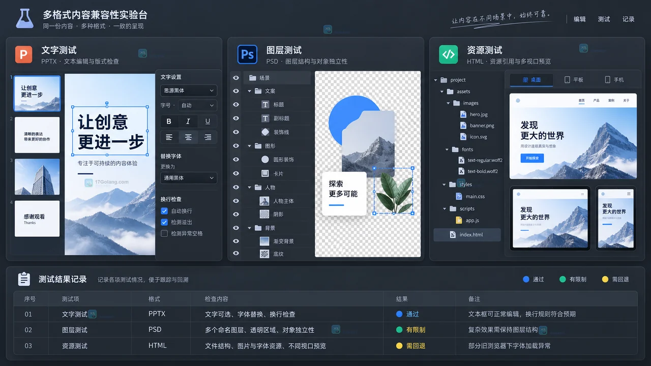 Lovart导出文件下游可编辑性测试工作台示意图
