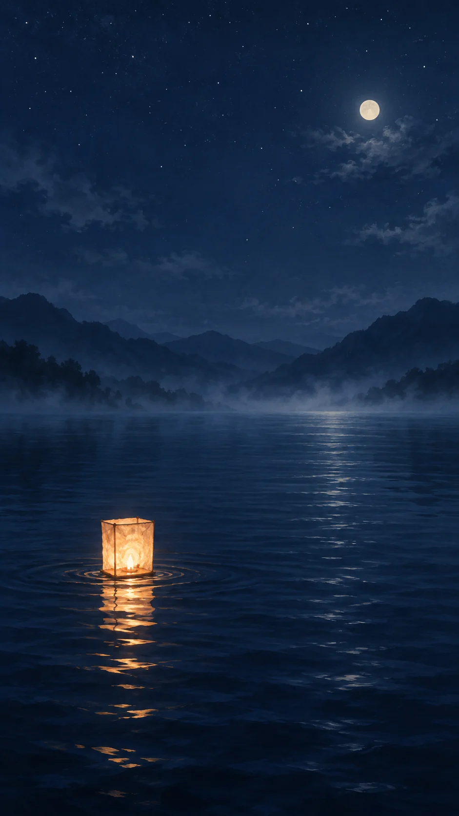 冷青月夜纸灯湖面手机壁纸变体,纸灯位于右下方并形成较长的暖色倒影