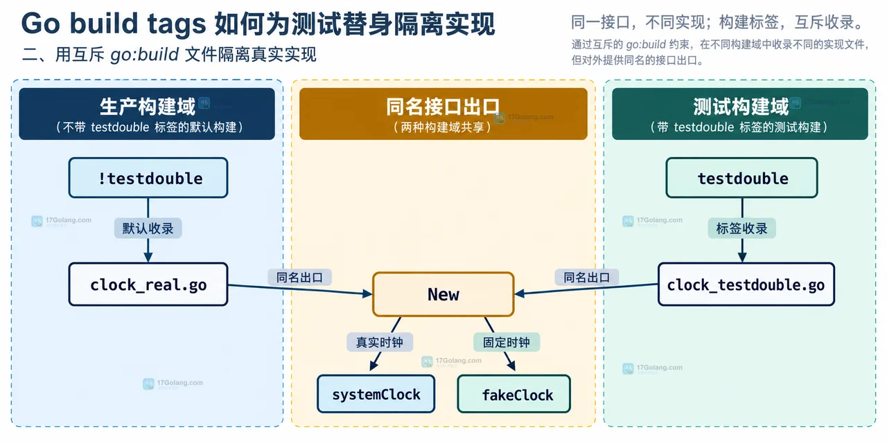 Go build tags 测试替身中的 Clock 接口、Service 依赖和两种实现边界静态关系框图