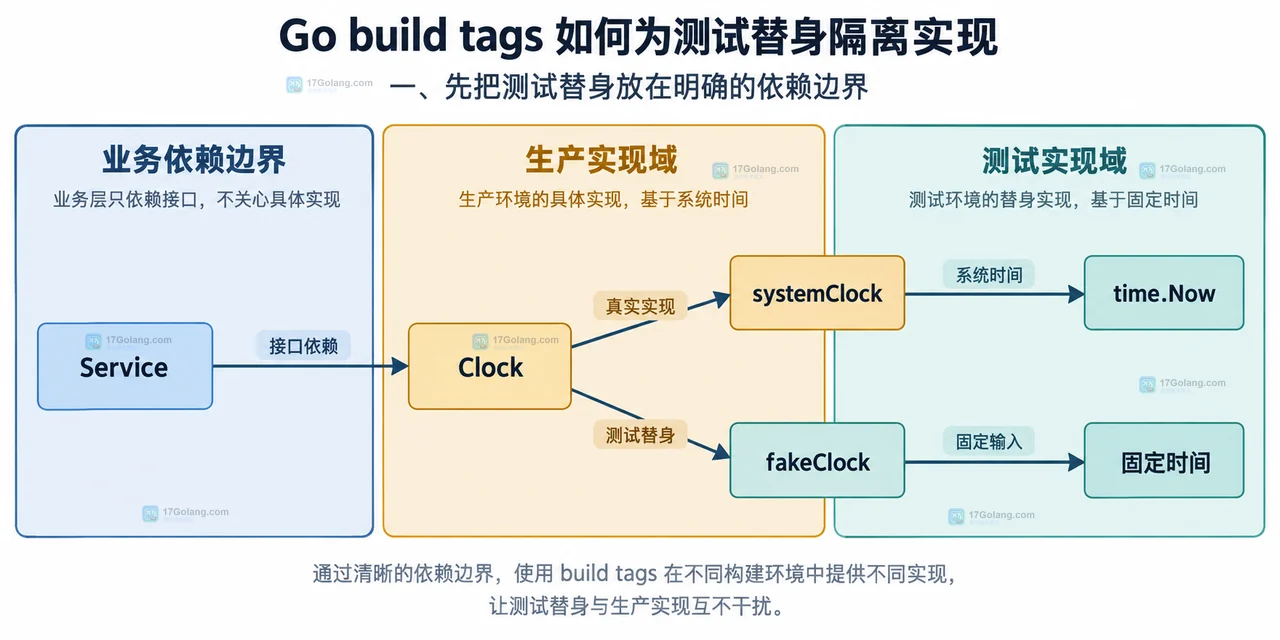Go go:build testdouble 与 !testdouble 互斥选择生产实现和测试替身的静态关系框图