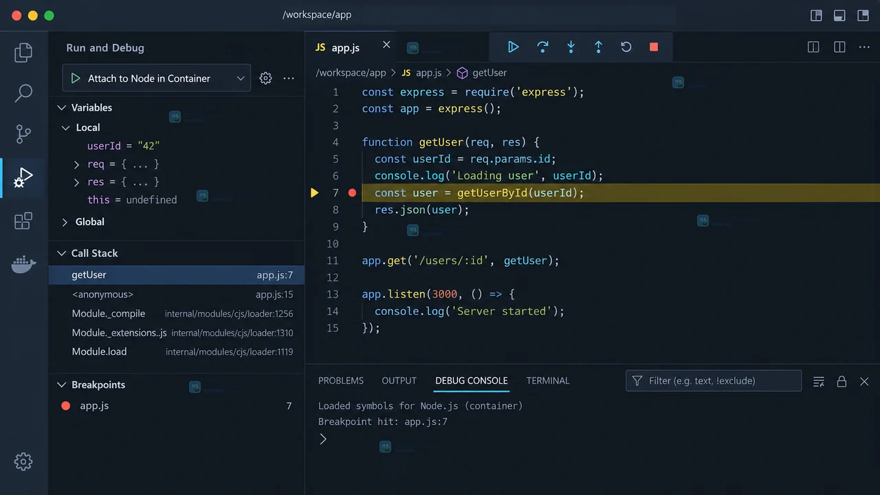 VS Code Dev Containers 远程窗口中显示 Reopen in Container、Remote 标识和容器内工作目录的操作示意图
