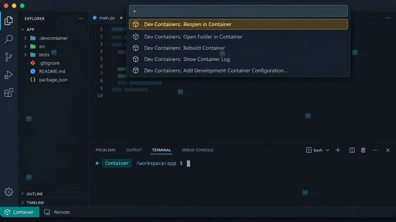 VS Code 容器调试命中断点后显示黄色执行箭头、Call Stack 和 Variables 的结果示意图