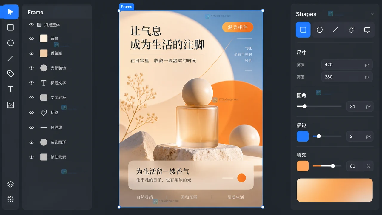Lovart用Frame与Shapes搭建海报结构示意图