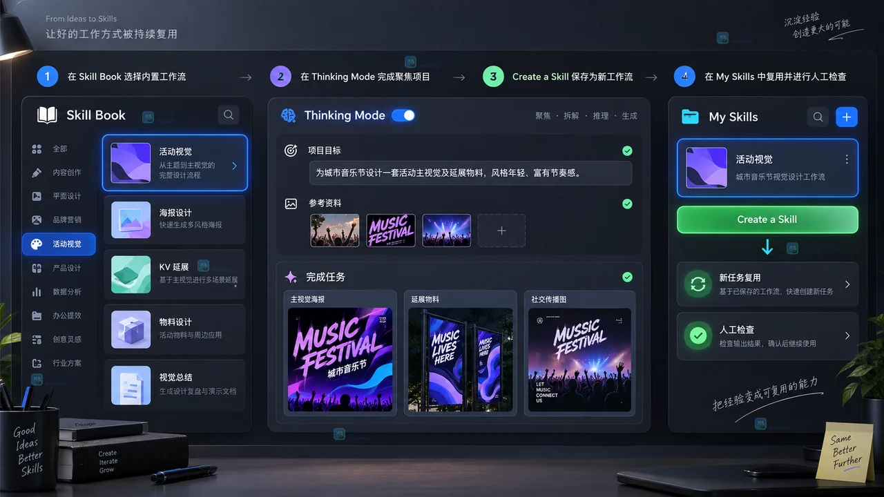 Lovart从Skill Book选择内置Skill并保存到My Skills的流程示意图
