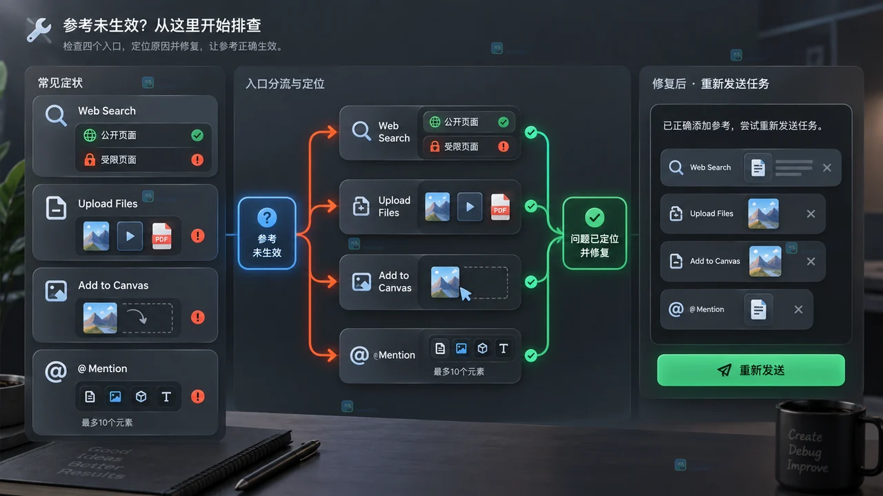 Lovart Web Search上传文件与素材Mention故障分流操作示意图