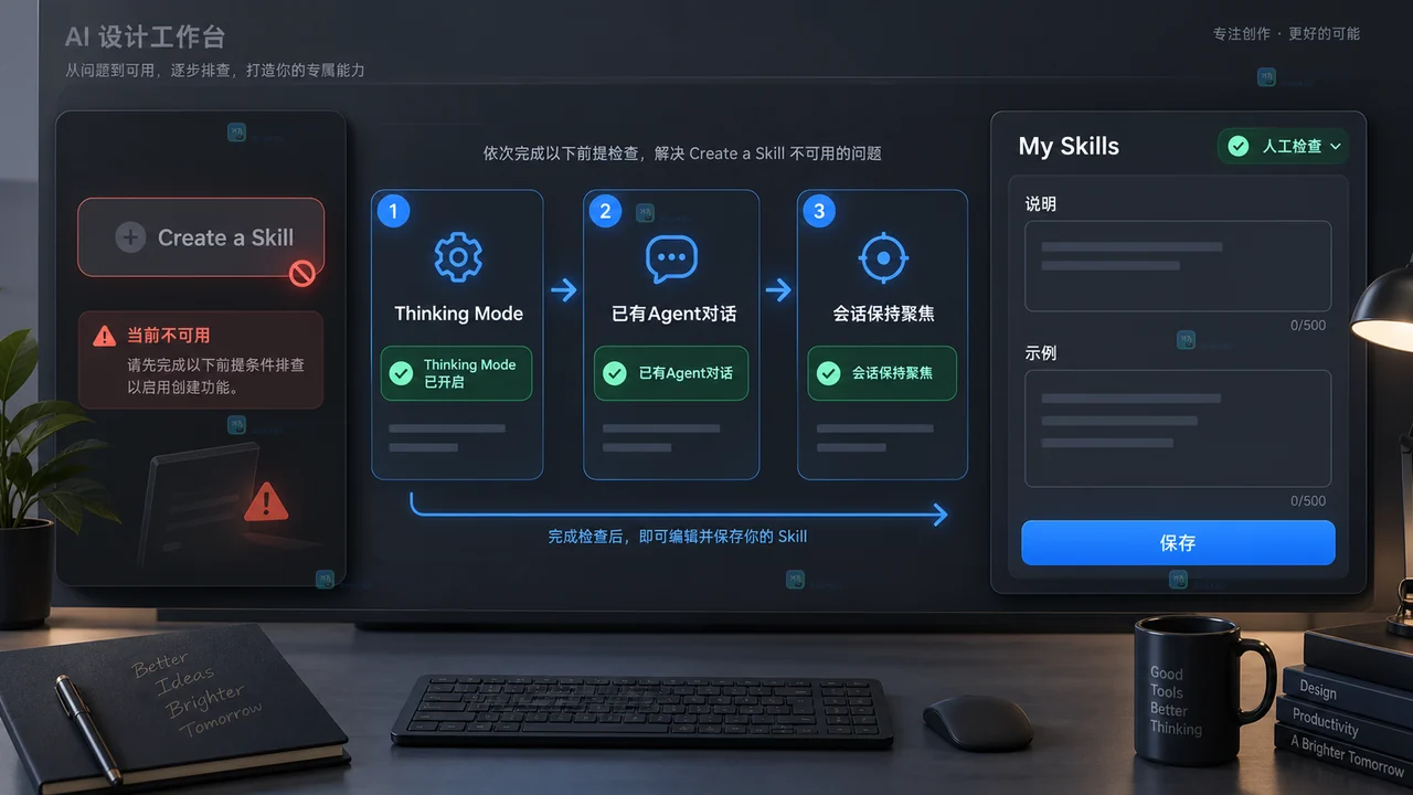 Lovart自定义Skill不可用时检查Thinking Mode与会话前提的流程示意图