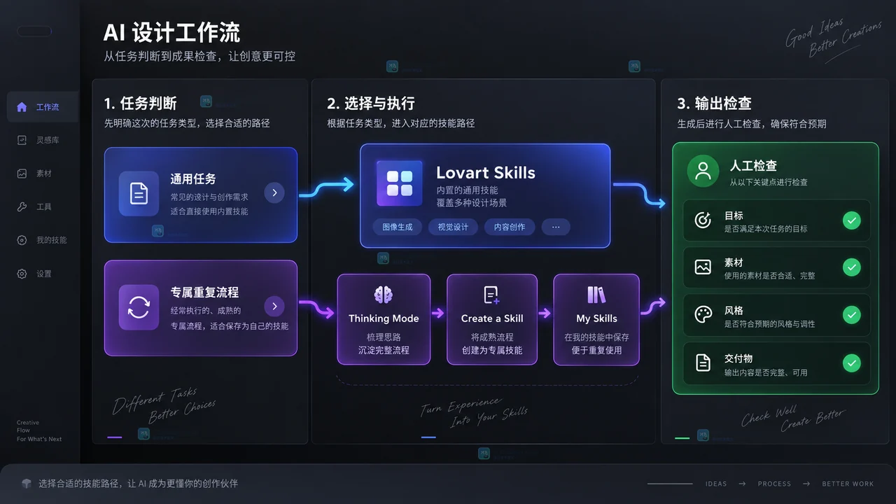 Lovart内置Skills与My Skills适用任务和输出检查示意图