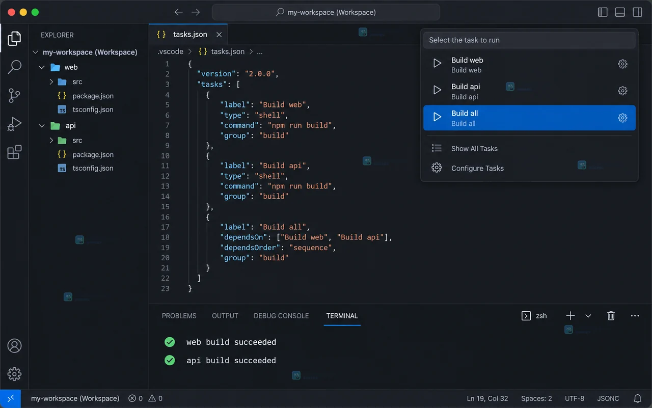 VS Code 风格界面中 Explorer 显示 web 与 api 两个根目录并保存 team.code-workspace 的操作示意
