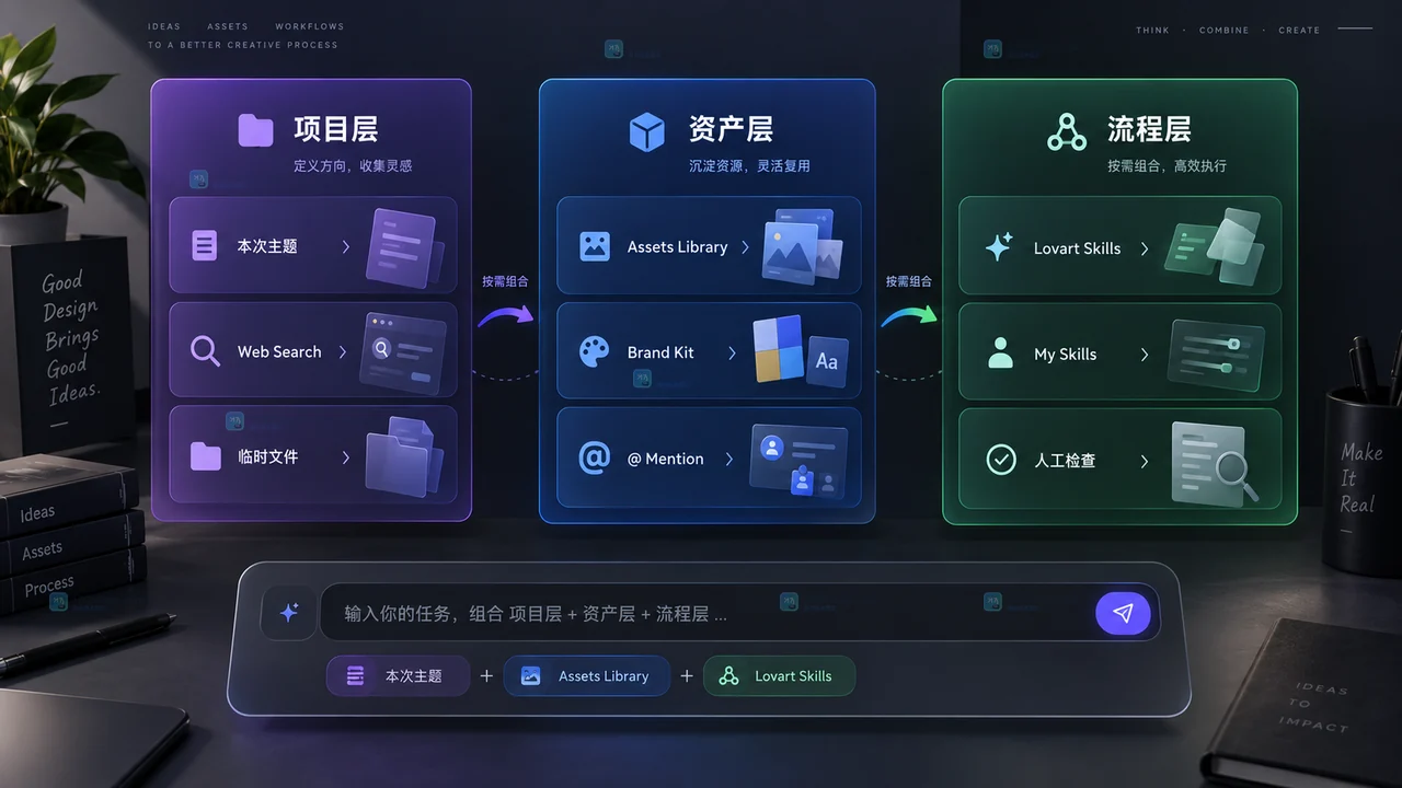 Lovart临时参考长期资产与可复用Skill三层管理操作示意图