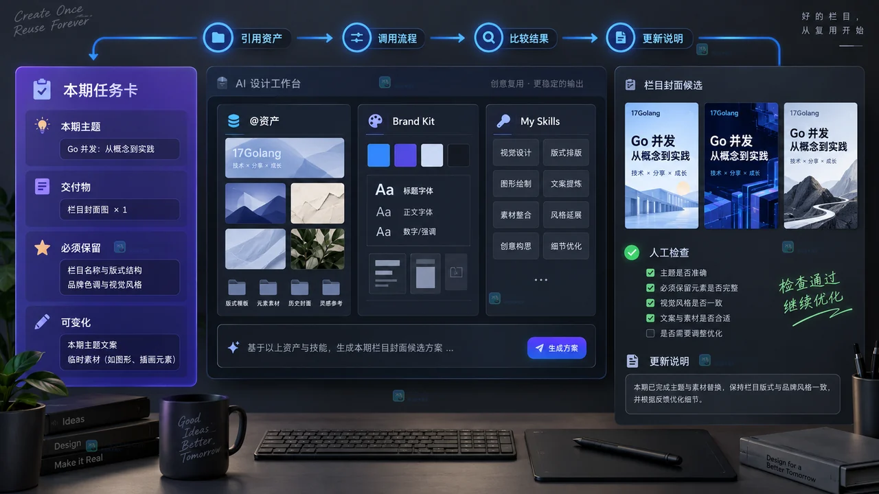 Lovart每周栏目封面通过任务卡Mention与My Skills复用的流程示意图